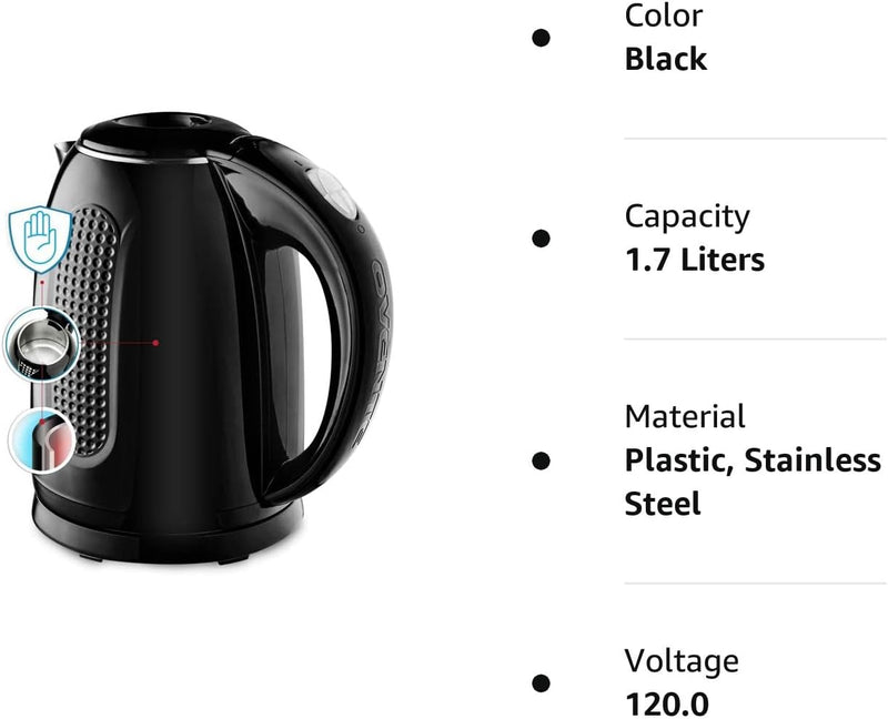 OVENTE Portable Electric Kettle Stainless Steel Instant Hot Water Boiler Heater 1.7 Liter 1100W Double Wall Insulated Fast Boiling with Automatic Shut Off for Coffee Tea & Cold Drinks, Black KD64B