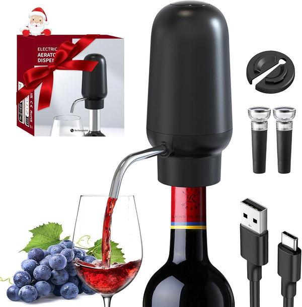 Electric Wine Pourer, DERGUAM Rechargeable Wine Aerator with 2 Wine Stoppers, Portable One-Button Automatic Wine Aerator with Wine Foil Cutter, Wine Aerator Pourer Wine Decanter for Christmas Gifts