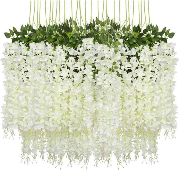 Artificial Wisteria Hanging Flowers Garland 24 Pack - Wedding Party Home Decorations White