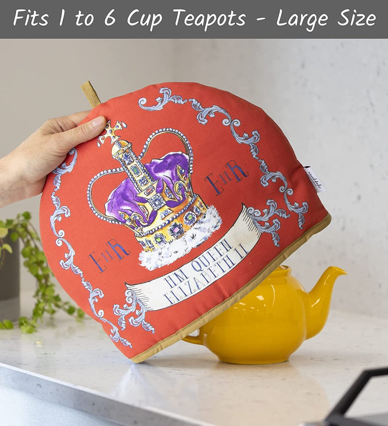 Muldale Queen Elizabeth Tea Cozy for Teapot Insulated - Crown Design - Large Teapot Cover for Keeping Warm - English Tea Cosy - 100% Cotton with Extra Thick Wadding - 2-6 Cups