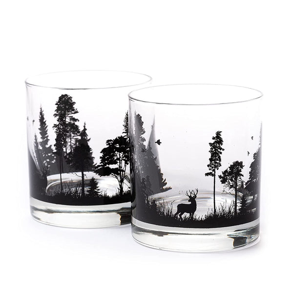 Black Lantern Whiskey Glasses – Handmade Whiskey Glass Set and Bar Glasses – Forest Animals Design (Set of Two 11oz. Glasses) - Small Tumbler Glasses for Cocktails and Everyday Drinking Glasses