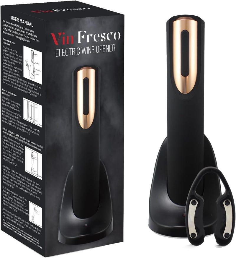 Vin Fresco Electric Wine Opener Rechargeable with Charging Base & Foil Cutter - Automatic Wine Bottle Opener - Electric Corkscrew Wine Opener - Wine Gift for Wine Lovers (White & Rose Gold)