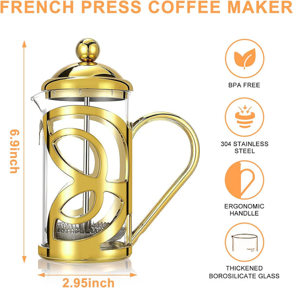 WORBIC French Press Coffee Maker, 3 Level Filtration System, Coffee Press with Heat Resistant Borosilicate Glass, 12oz Coffee French Press with Coffee Scoop w/Clip & 2 Extra Filters (Gold)