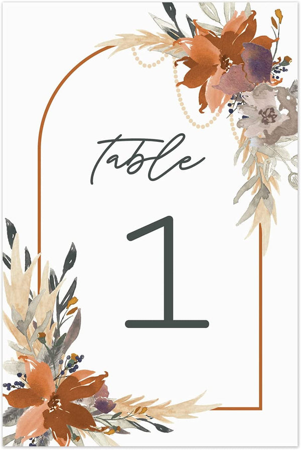 Indie Autumn Floral Table Numbers/Set of 28 Wedding Table Number Cards / 4" X 6" Indie Botanical Design/Made in the USA