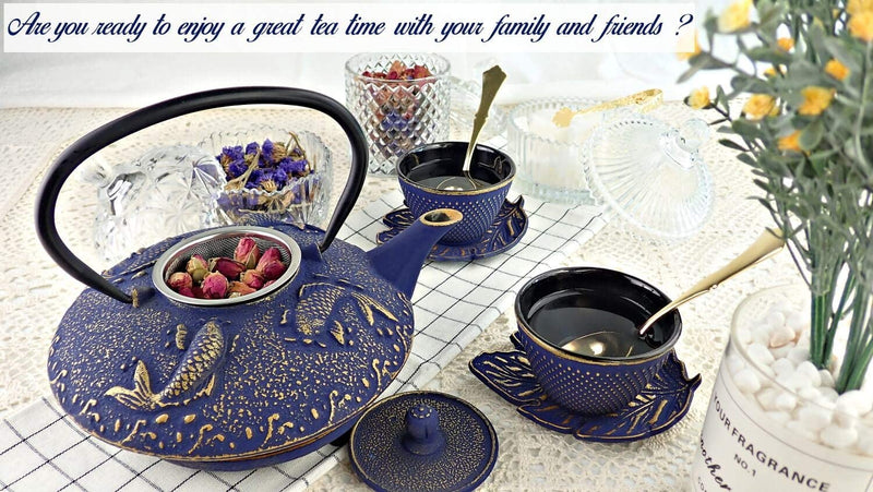 KIYOSHI Luxury 7PC Japanese Tea Set."Midnight Blue Koi" Cast Iron Tea Pot with 2 Tea Cups, 2 Saucers, Loose Leaf Tea Infuser and Teapot Trivet. Ceremonial Matcha Accessories