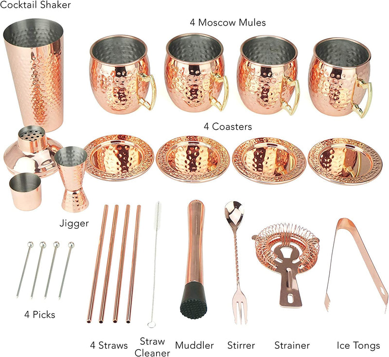 PG [Gift Set] Ultimate Moscow Mule SS Copper Plated Set 25PC | 3pc Cocktail Shaker, 4x Mugs, 4x Straws, 4x Cocktail Picks, Straw Cleaner, 4x Coaster, Strainer, Tongs, Muddler, Jigger, Stirrer