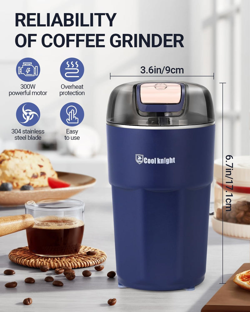 Coffee Grinder, COOL KNIGHT Electric Coffee Grinder, Spice Grinder, Herb Grinder, 300W One Key Electric Coffee Grinder with 304 Stainless Steel Blade, Suitable for Coffee Beans, Spices, Herbs
