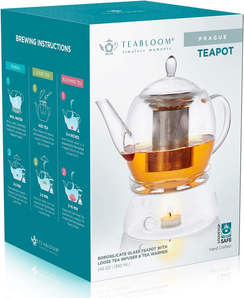 Teabloom Prague Glass Tea Maker & Warmer Set – Large Capacity (45 oz) – Heatproof Borosilicate Glass Teapot with Removable Stainless Steel Loose Tea Infuser – Stovetop Safe Kettle