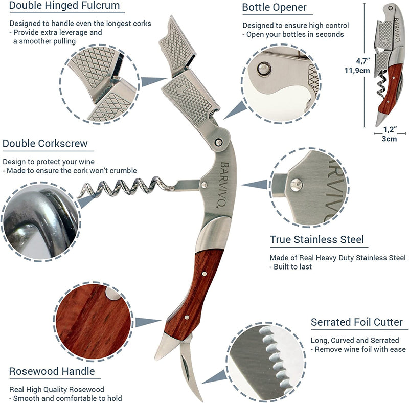 Barvivo Natural Rosewood Wine Opener with Foil Cutter Knife & Cap Remover, Double Hinged Manual Wine Key for Bartenders, Servers, Waiters, Stainless Steel Wine Bottle Opener Corkscrew