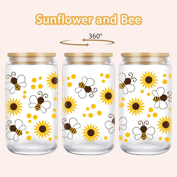LEADO Bee Gifts, Bee Themed Gifts, Sunflower Gifts for Women - Iced Coffee Cup, Cute Glass Cup with Lid & Straw - Honey Bee Gifts, Aesthetic Gifts, Christmas, Birthday Gifts for Bee Lovers