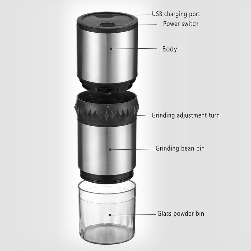 Electric Burr Coffee Grinder Portable Rechargeable Coffee Maker Stainless Steel Coffee Bean Grinder Machine for Beans with 15 gind Settings (Black9109)