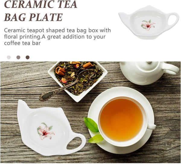 FAVOMOTO Tea Bag Saucers,2Pcs Ceramic Tea Bag Holders - Exquisite Tea Bag Tray,Small Loose Tea Dish,Teapot Shaped Tea Bag Coasters,Tea Bag Coaster Trays