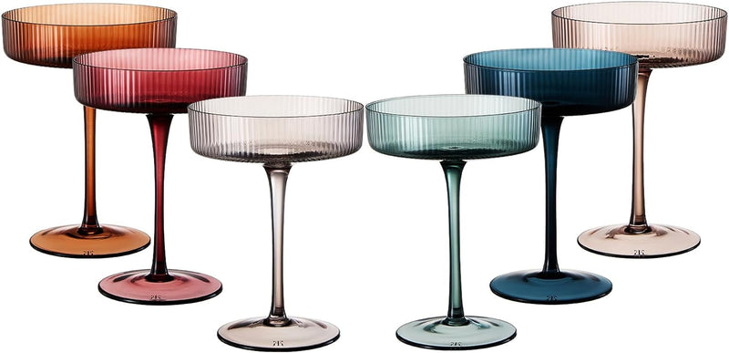 Vintage Art Deco Coupe Glasses Ribbed Coup Martini, Champagne & Cocktail 7oz | Set of 6 | Modern Muted Pastel Colored Crystal Glassware, Manhattan Goblet Cocktails, Ripple Glassware Gifts - Gift Box