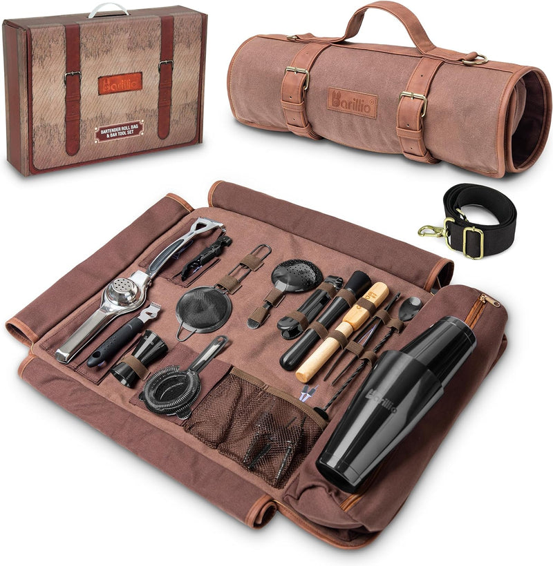 Barillio Bartender Bag Travel Bartender Kit Bag with Bar Tools | Professional 17-Piece, with Portable Waxed Canvas Bag Including Shoulder Strap for Easy Carry | Travel Cocktail Set……