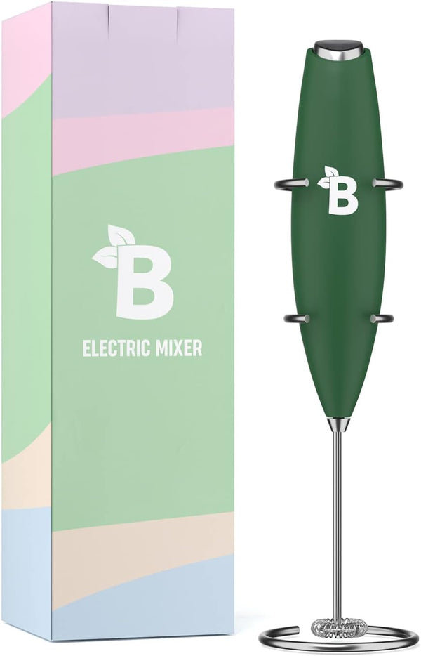 Bloom Nutrition Milk Frother Hand Mixer, Stainless Steel Electric Matcha Whisk, Handheld Mixer for Coffee, Greens, Protein & More, Battery Operated, Easy to Clean & Includes Whisk Stand