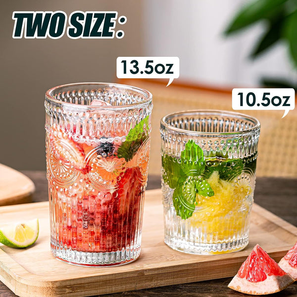 wookgreat Vintage Drinking Glasses Set of 12, Textured Clear Striped Glass Cups-6 Highball Glasses 13oz & 6 Rocks Glasses 10oz, Ribbed Glassware Set, Mojito Cups, Cocktail Glass, Iced Coffee Cup