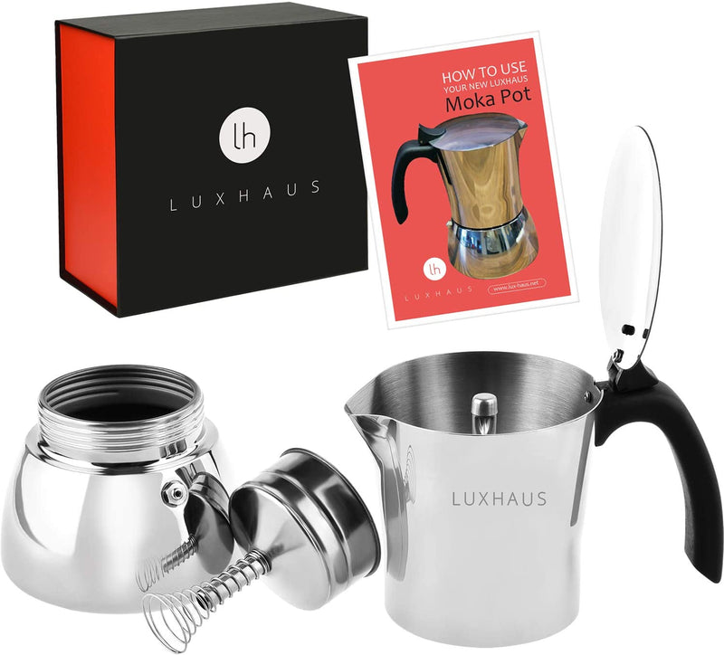 LUXHAUS Moka Pot - 6 Cup Stovetop Espresso Maker - 100% Stainless Steel Italian and Cuban Mocha Coffee Maker