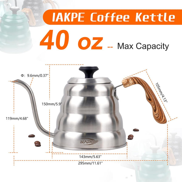 IKAPE Espresso Pour Over Coffee Kettle, Gooseneck Tea Kettle, 40 oz with Thermometer, Premium Stainless Steel Kettle Body & Ergonomic Wood Handle(Silver)