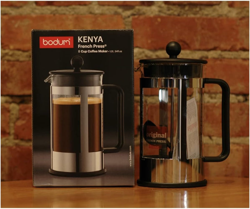 Bodum Kenya 8-Cup French Press Coffee Maker, 34-Ounce, Stainless Steel, Black