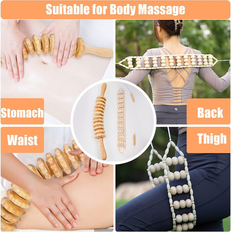 Lymphatic Drainage Massager Wood Therapy Massage Tools Maderoterapia Kit Back Massage Roller Stick Neck Massage Roller Set Guasha for Body Sculpting, Cellulite Massager Stomach Massager