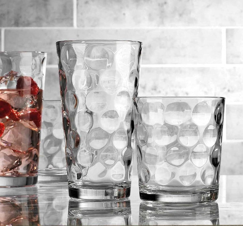 Drinking Glasses Set Of 16 - By Home Essentials & Beyond - 8 Highball Glasses (17 oz.), 8 Rocks Whiskey Glass cups (13 oz.), Inner Circular Lensed Glass Cups for Water, Juice and Cocktails.