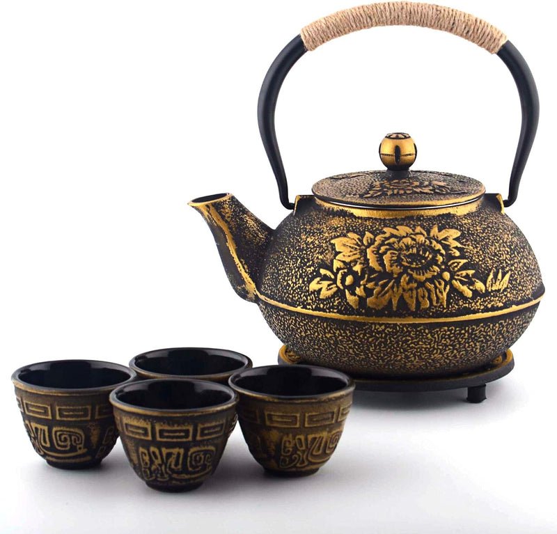 6-piece Japanese Cast Iron Pot Tea Set Black w/Trivet (40 oz)