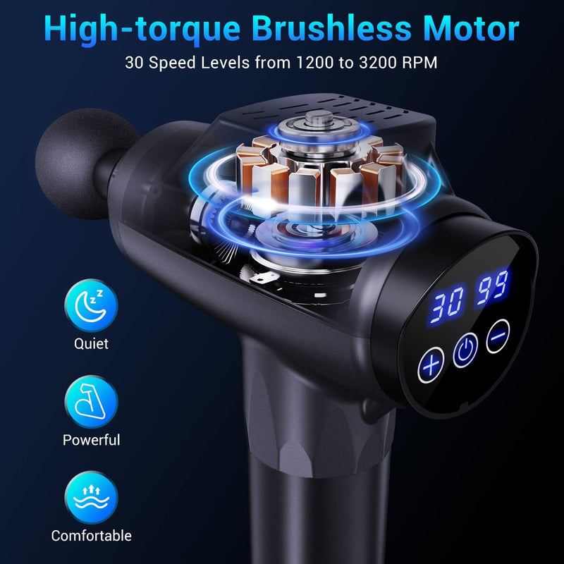 Sportneer Massage Gun, Upgrade 30 Speeds Level Deep Tissue Muscle Massager Gun for Athletes, Men & Women 8 Massage Heads High Percussion Electric Body Back Massager with LCD Touch Screen