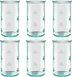 Amici Home Regina Hiball Glass | 18 Oz | Italian Made, Recycled Green Glass | Drinking Glass with Embossed Bee Design for Water, Juice, Iced Tea, Cocktails (Set of 6)