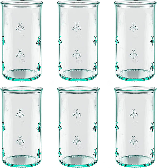 Amici Home Regina Hiball Glass | 18 Oz | Italian Made, Recycled Green Glass | Drinking Glass with Embossed Bee Design for Water, Juice, Iced Tea, Cocktails (Set of 6)