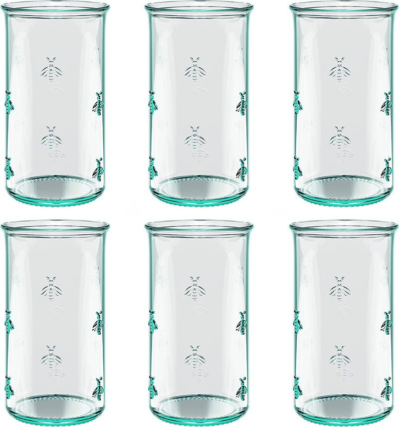 Amici Home Regina Hiball Glass | 18 Oz | Italian Made, Recycled Green Glass | Drinking Glass with Embossed Bee Design for Water, Juice, Iced Tea, Cocktails (Set of 6)