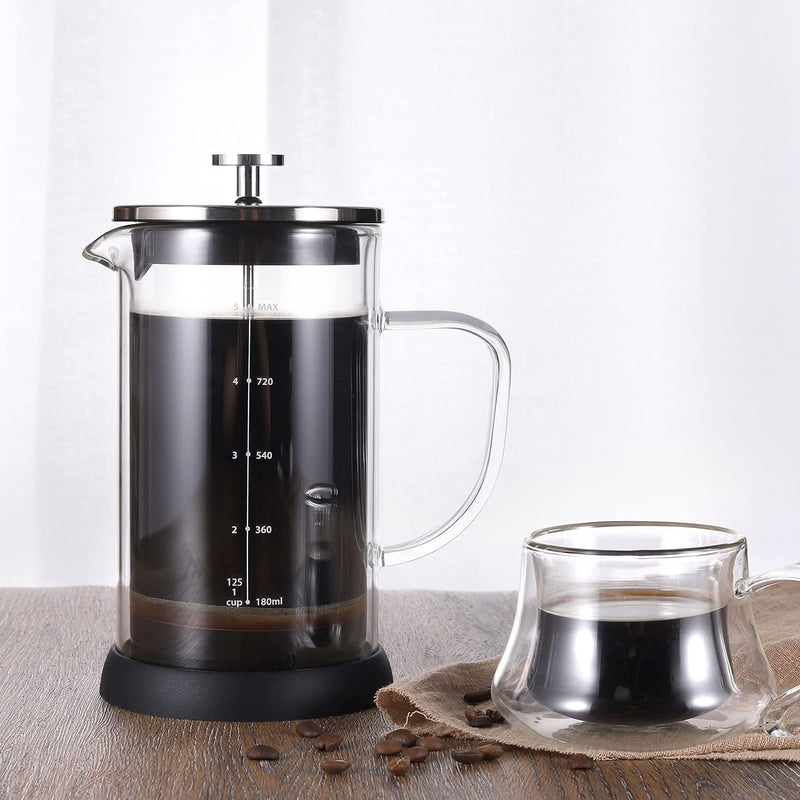 VEVOK CHEF French Press Coffee Tea Maker Heat Resistant Glass 4 Level Filtration System Borosilicate Glass Coffee Press Glass Teapot Large Coffee Pot 34 Oz no grounds