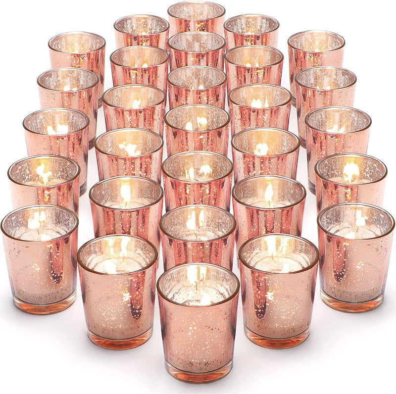 LETINE Gold Votive Candle Holders Set of 36 - Speckled Mercury Gold Glass Candle Holder Bulk - Ideal Candle Jars for Wedding Centerpieces, Party Supplies, Holiday Day Table Decor Rose Gold