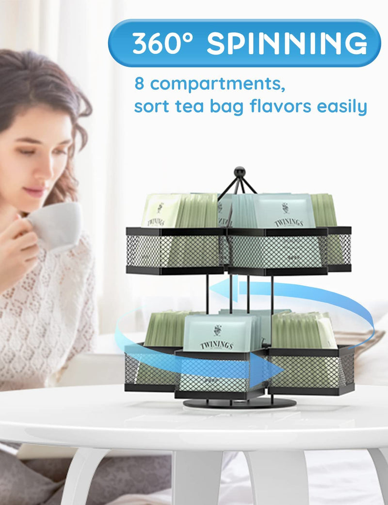 Tea Bag Organizer, Tea Bag Storage Holder Spinning Carousel 96 Teabags Container, Lazy Susan Coffee Creamer Sweetener Tea Caddy for Kitchen Counter Cabinet Pantry Shelf Organizer