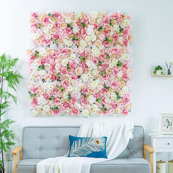 Silk Flower Wall Panel - Pink Floral Backdrop for Weddings Parties Home Decor - 12 Pcs 24 X 16 Panels