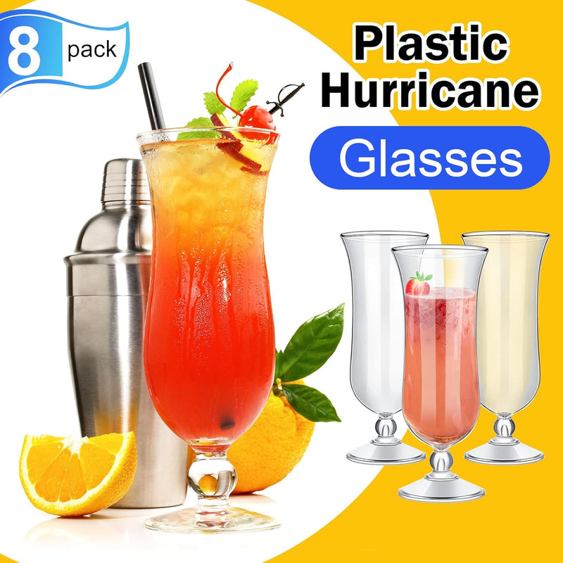 8 Pcs Plastic Hurricane Glasses 15 oz Break Resistant Plastic Drinking Glasses Reusable Pina Colada Glasses Clear Tulip Drinking Cups Cocktail Wine Margarita Tropical Drinks Beer Juice Party Drinkware