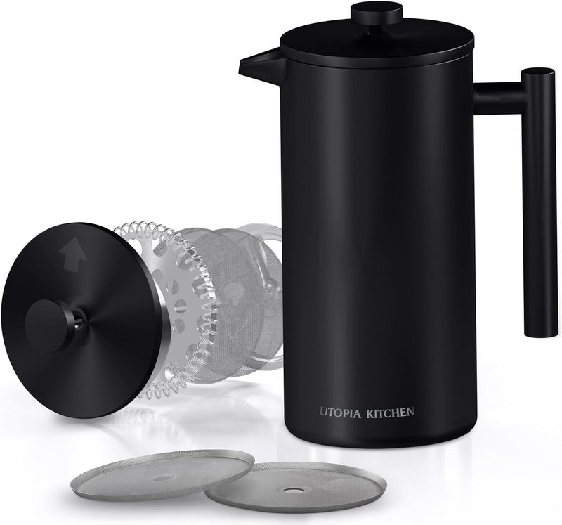 Utopia Kitchen French Press Coffee Maker 34Oz, Double Wall Insulated Stainless Steel with 4-Level Filtration system, Includes 2 Extra Filters, Rust-Free, Silver