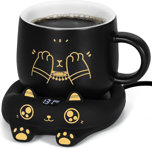 PUSEE Coffee Mug Warmer & Cute Cat Mug Set, Coffee Cup Warmer for Desk with Auto Shut Off, Beverage Warmer with 3 Temp Settings, Candle Warmer Coffee Warmer with Mug Set for Christmas & Birthday Gifts