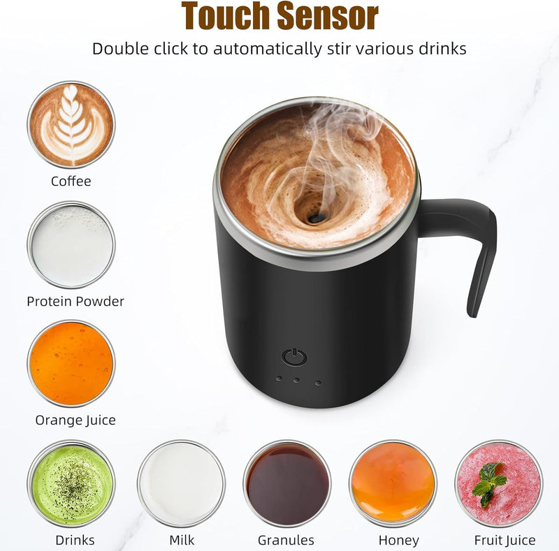 Jahy2Tech Self Stirring Coffee Mug Rechargeable Automatic Magnetic Mixing Cup with 2 Stir Bars,13 oz Electric Mixing Cup Auto Mixer Cup for Home Office Travel Coffee Milk Cocoa Best Gifts(Black)