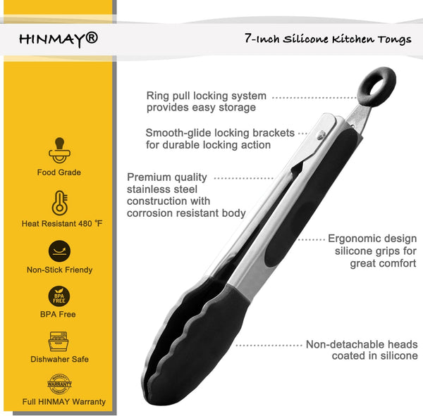 HINMAY Small Silicone Tongs 7-Inch Mini Serving Tongs, Set of 3 (Black Gray White)