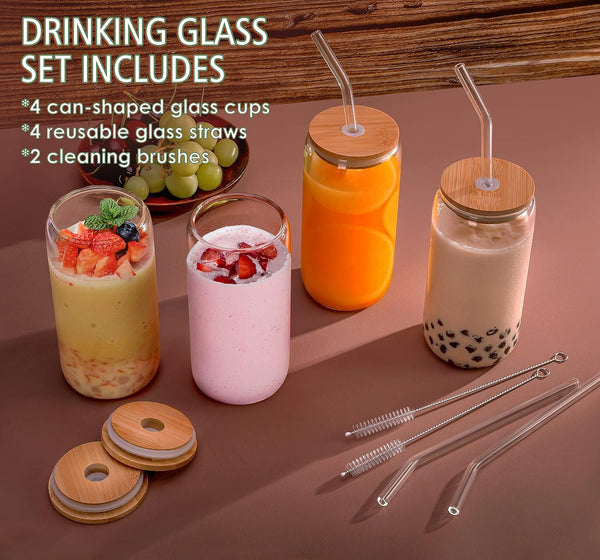 4pcs Set Drinking Glasses With Bamboo Lid And Glass Straw - 16oz Can Shaped Drinking Glass Set, Iced Coffee Mug, Cute Tumbler Cup, Whiskey, Water- Gift Best Choice - 2 Cleaning Brushes (2)