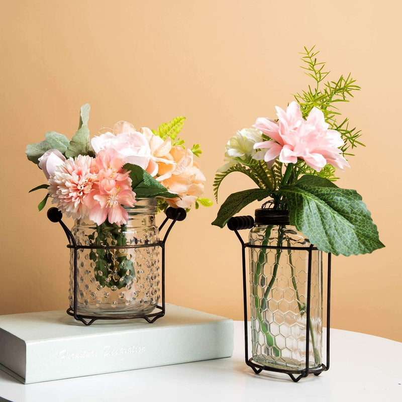 Glass Flower Jar Vase in Metal Stand with Metal Frog Lid, Decorative Centerpiece for Home or Wedding (5.5"L X 3"W X 7"H)
