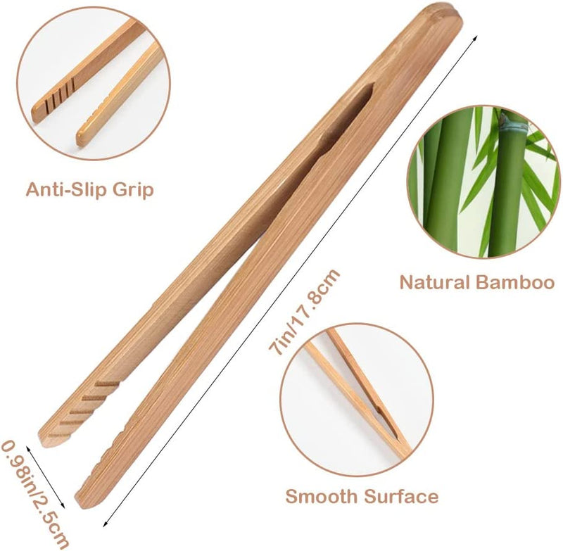 Bamboo Toast Tongs, 7 Inches Mini Wood Cooking Tong with Anti-slip Design Great for Serving Food/Toaster/Bread & Pickles/Sugar/Barbecue,Small Kitchen Tongs Multi-use for Salad, Grilling, Frying (2)