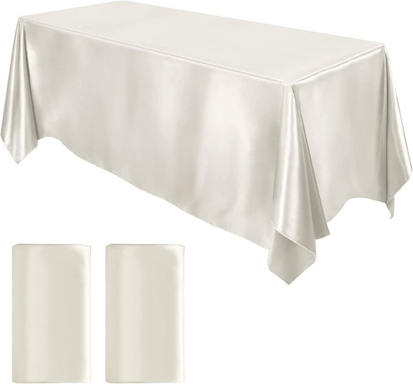 Satin Tablecloth 2 Pack - 102 x 58 Rectangular Table Overlay Cover for Wedding Banquet Decor - Ivory