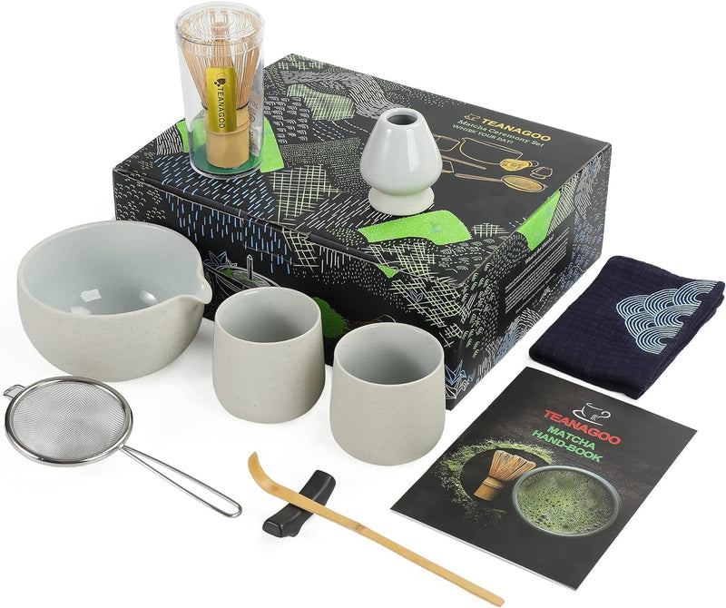 TEANAGOO Japanese Tea Set (7pcs) Matcha Whisk Set Matcha Bowl with Pouring Spout Bamboo Matcha Whisk (Chasen) Scoop (chashaku) Matcha Whisk Holder Tea Making Kit. N18,Orange, Matcha Green Tea Powder