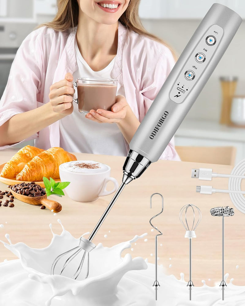 ODIFORGO Rechargeable Milk Frother Handheld, Electric Drink Mixer with 3 Stainless Whisks 3 Speed Adjustable, Coffee Foam Maker, Electric Whisk, Coffee Frother Wand for Latte Matcha Protein Powder