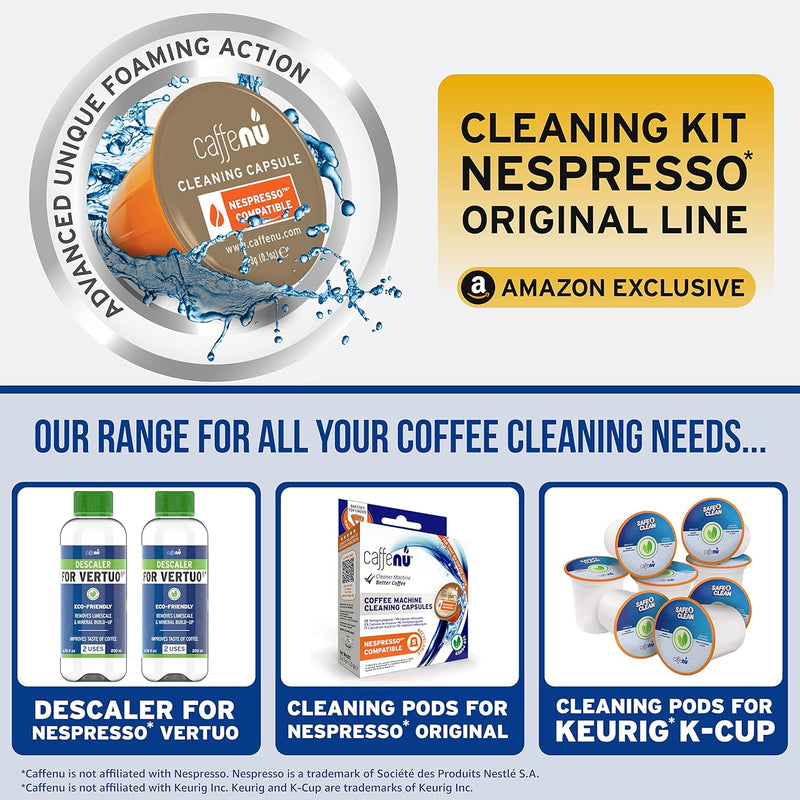 Caffenu Nespresso Descaling & Cleaning Kit. 3 Month Supply. 3.38 Fl Oz Bottle of Nespresso Descaling Solution & 4 Nespresso Cleaning Pods. Removes Limescale