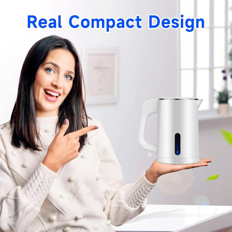 Small Electric Tea Kettle Stainless Steel, 0.8L Portable Mini Hot Water Boiler Heater, Travel Electric Coffee Kettle with Auto Shut-Off & Boil Dry Protection (White)