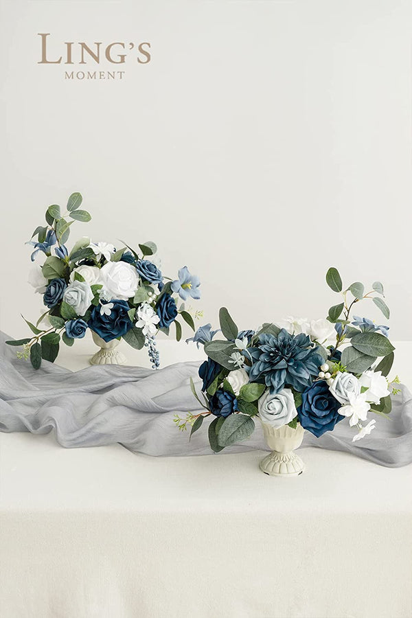 Wedding Centerpiece Flower with Vase Set Dusty Blue  Navy - Aisle  Tabletop Decor Set of 2