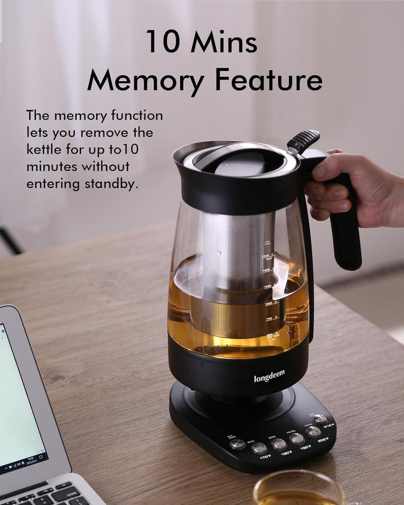 Electric Glass Tea Kettle with Infuser, 1.7L Fast Boiling, Stainless Steel, Temperature Control Tea Maker, BPA Free - Easy Lid Removal & Keep Warm Feature, Black