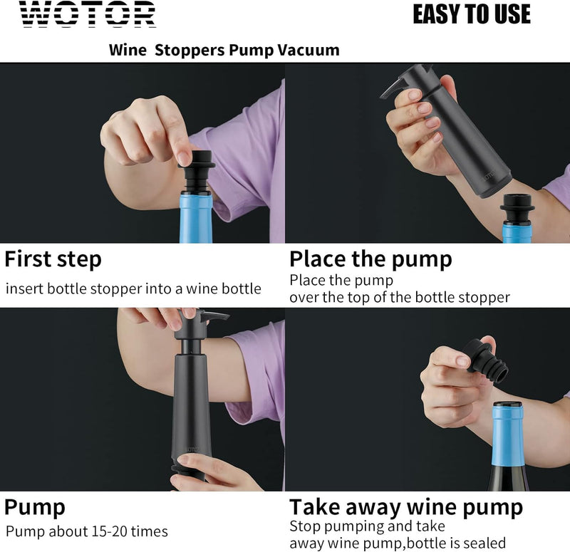 WOTOR Wine Saver Pump with 4 Vacuum Stoppers, Wine Stopper, Wine Preserver, Reusable Bottle Sealer Keeps Wine Fresh, Ideal Wine Accessories Gift (Wine Pump + 4 stoppers)